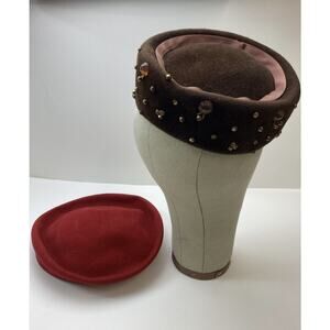 Velour HAT BETMAR VINTAGE 60'S MADE USA Set Of 2 Black Red Brown Red Fur Mod Mcm